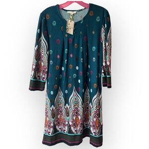 NWT Vasna Desire‎ Teal Paisley Print Knit Dress Womens Size L Bohemian Style